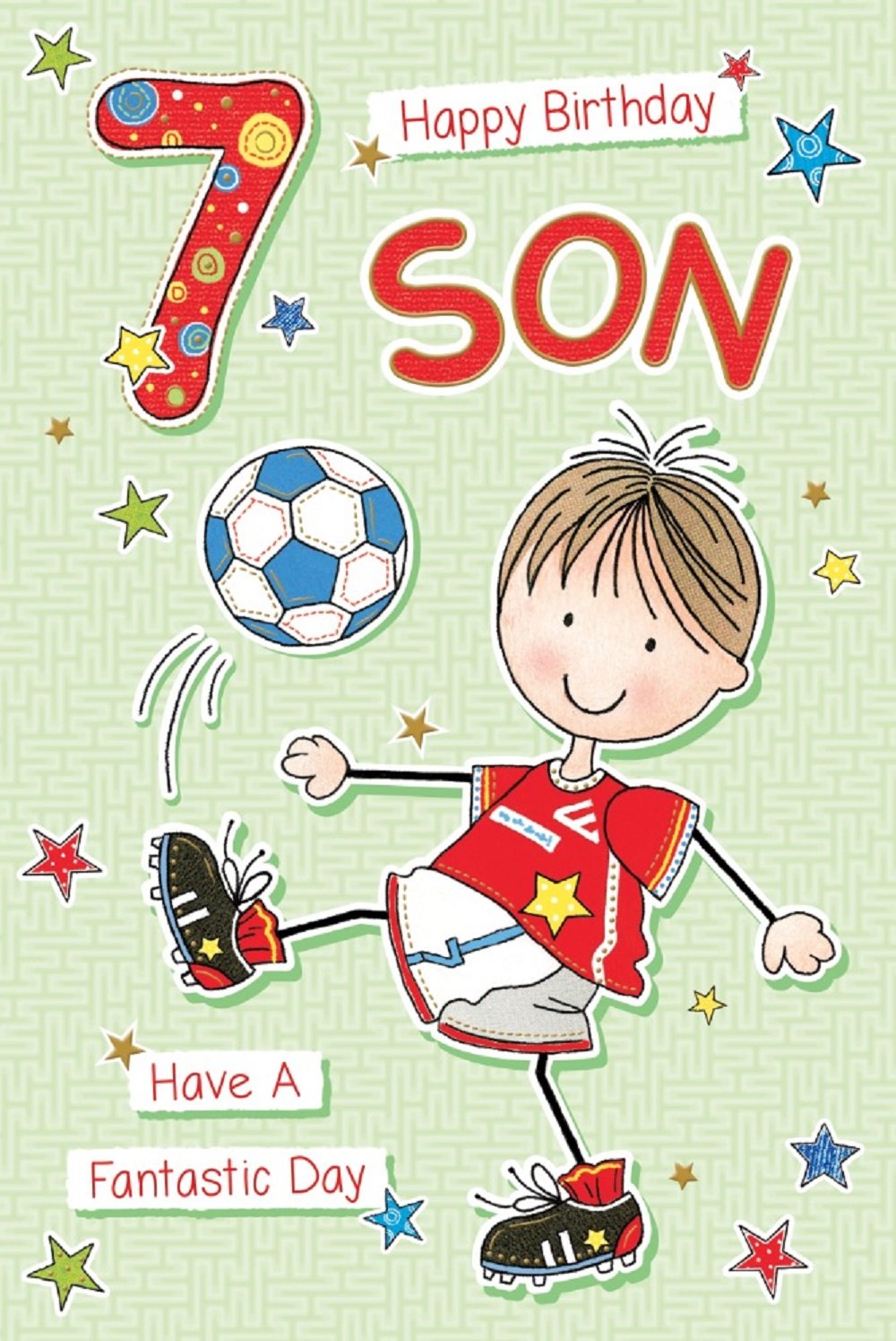 Son 7th Birthday Card - The Football Kick