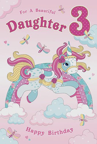 Daughter 3rd Birthday Card - Unicorn Over The Rainbow