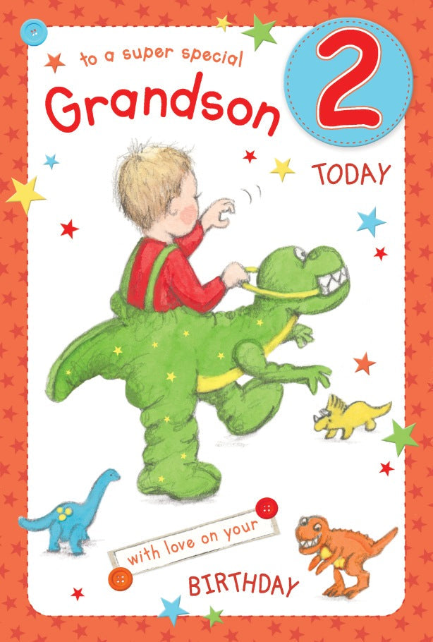 Grandson 2nd Birthday Card - Piggy Back On A Dinosaur