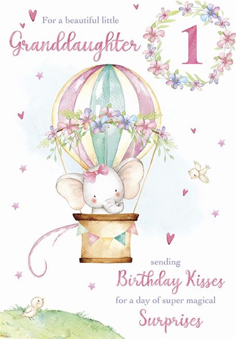 Granddaughter 1st Birthday Card - Elephant in Hot Air Balloon