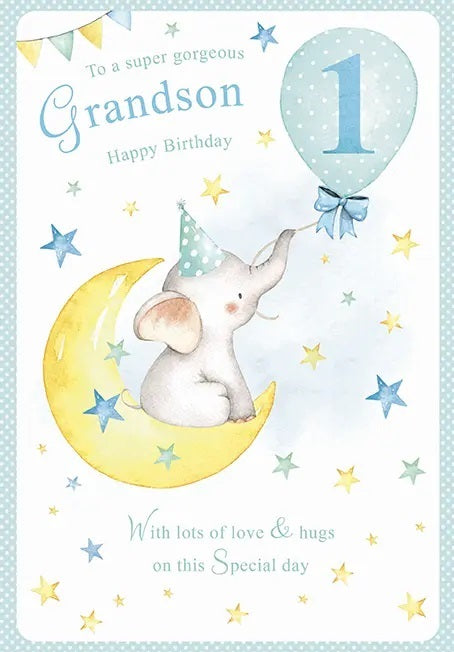Grandson 1st Birthday Card - Elephant on the Moon