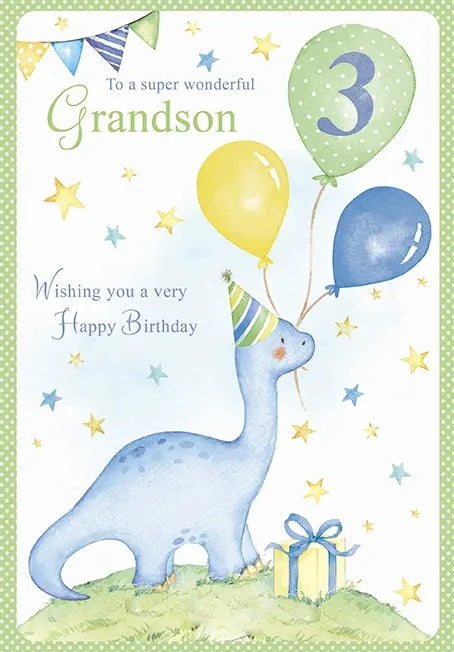 Grandson 3rd Birthday Card - Blue Dinosaur 