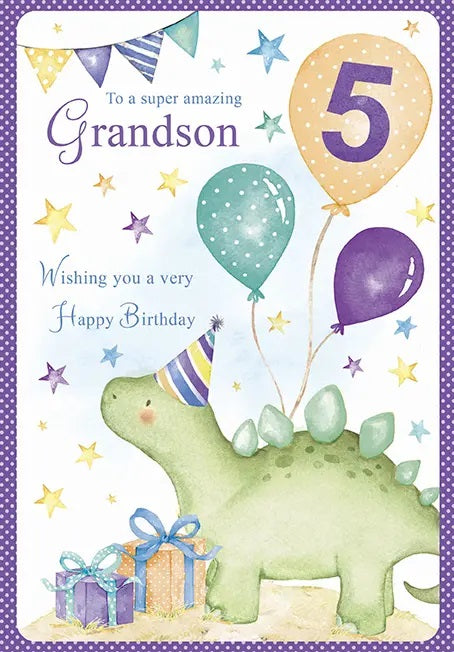 Grandson 5th Birthday Card - Green Stegosaurs