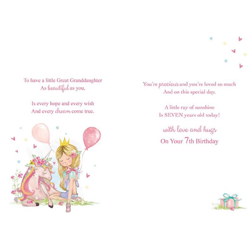 Great Granddaughter 7th Birthday Card - Joyous Celebrations with a Unicorn