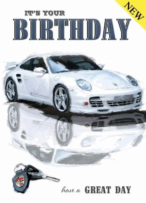 Birthday Card - A White Sporty Porsche 