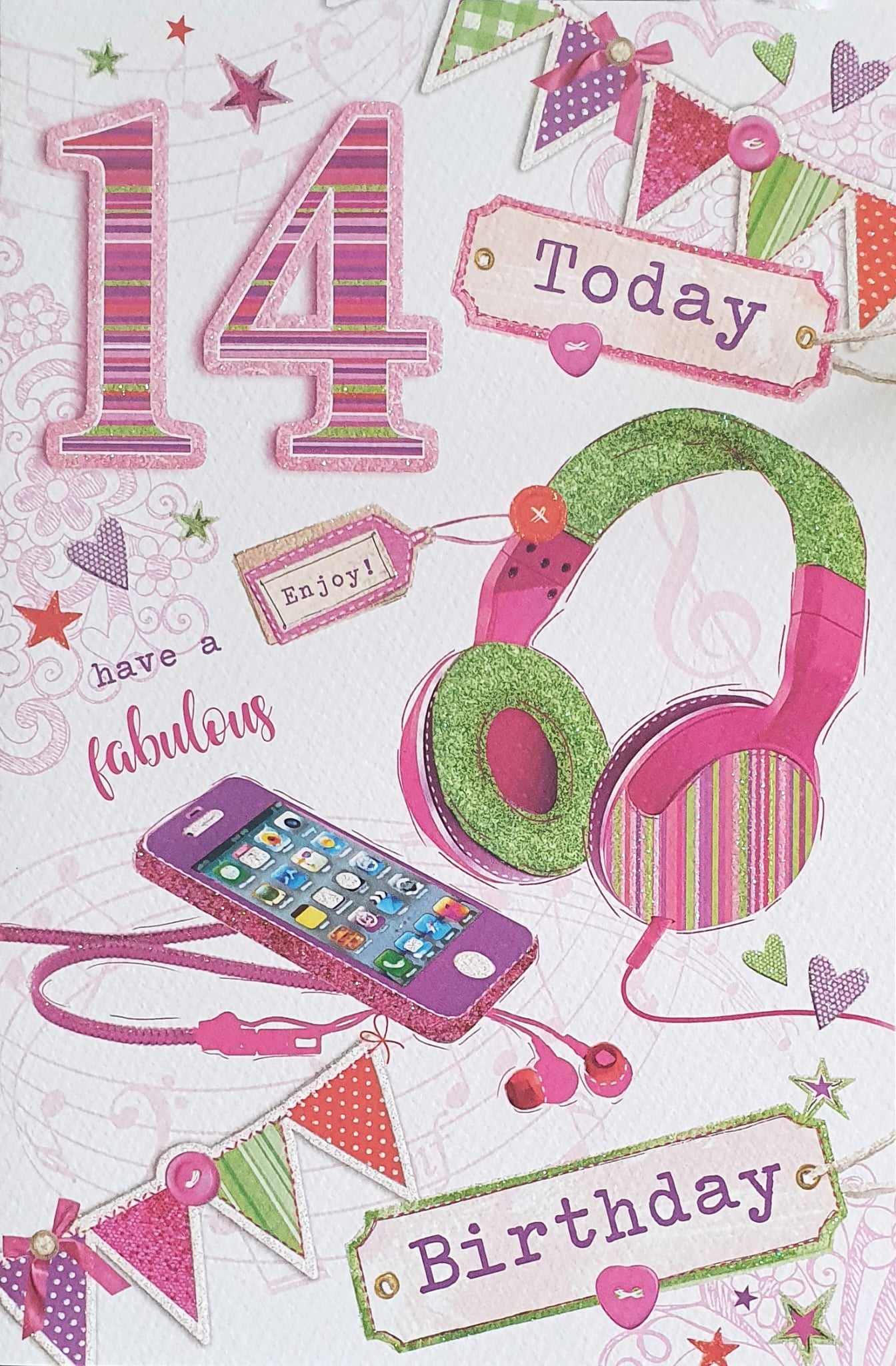 14th Birthday Card - Vibrant Colours Mobile Phone And Headphones