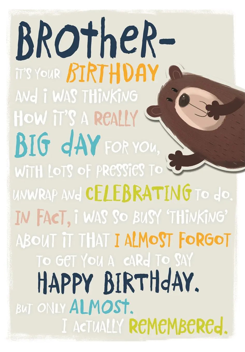 Brother Birthday Card - Gus the Bear Saying Hello