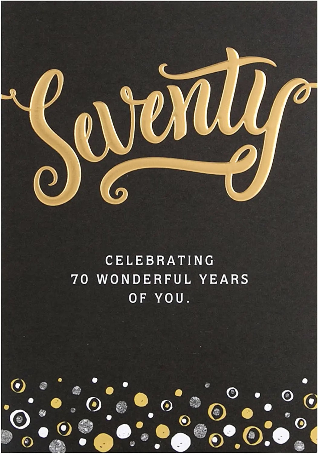 70th Birthday Card - Word Art Gold Polka Dot