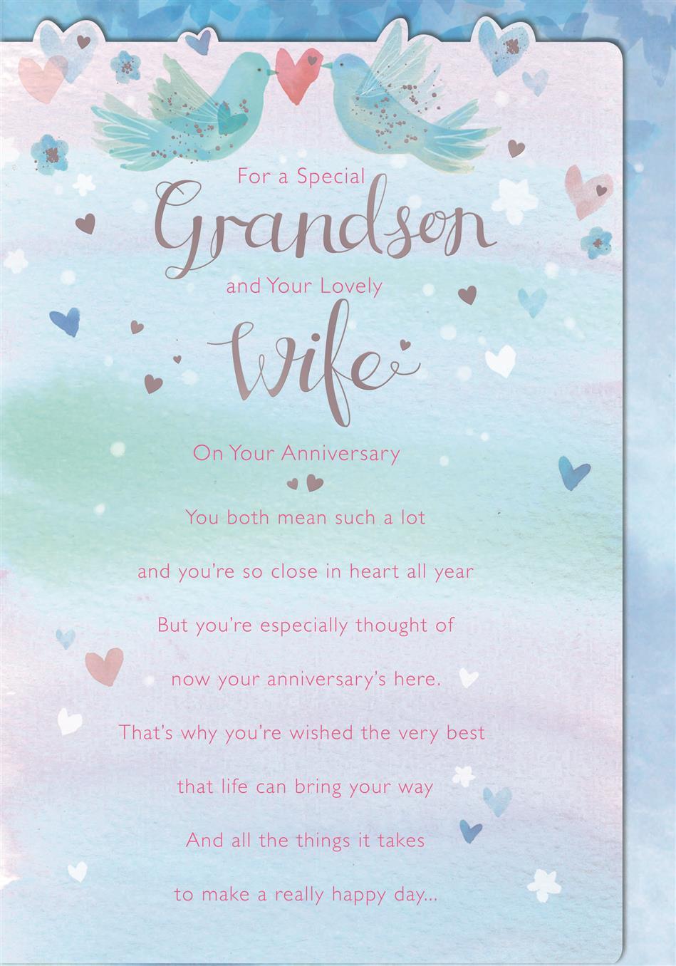 Grandson & Wife Anniversary Card - Celebrating Your Special Day with Birds of Love and Heartfelt Wishes