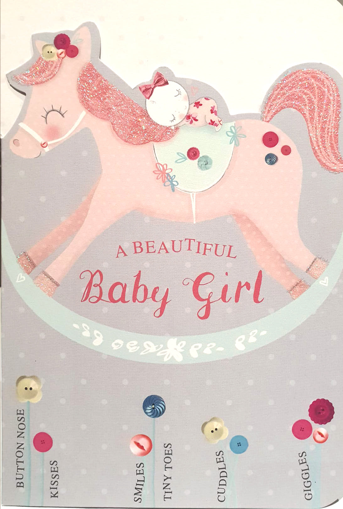 New Baby Girl Card - Pink Rocking Horse And Buttons Of Joy