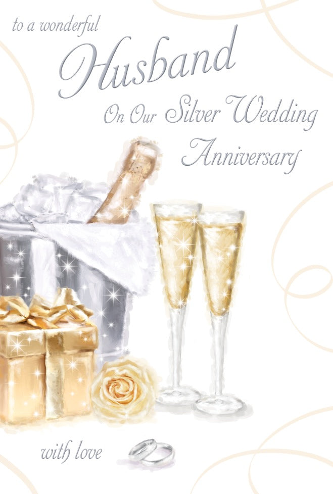 Husband's 25th Wedding Anniversary Card - Champagne, Rings, and Heartfelt Wishes