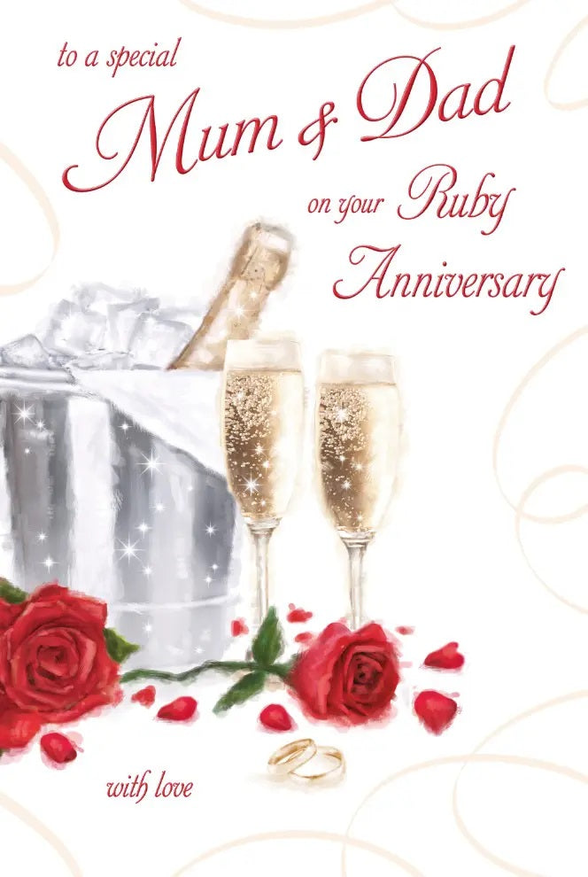 Mum and Dad 40th Wedding Anniversary Card - Sparkling Drinks and Red Roses
