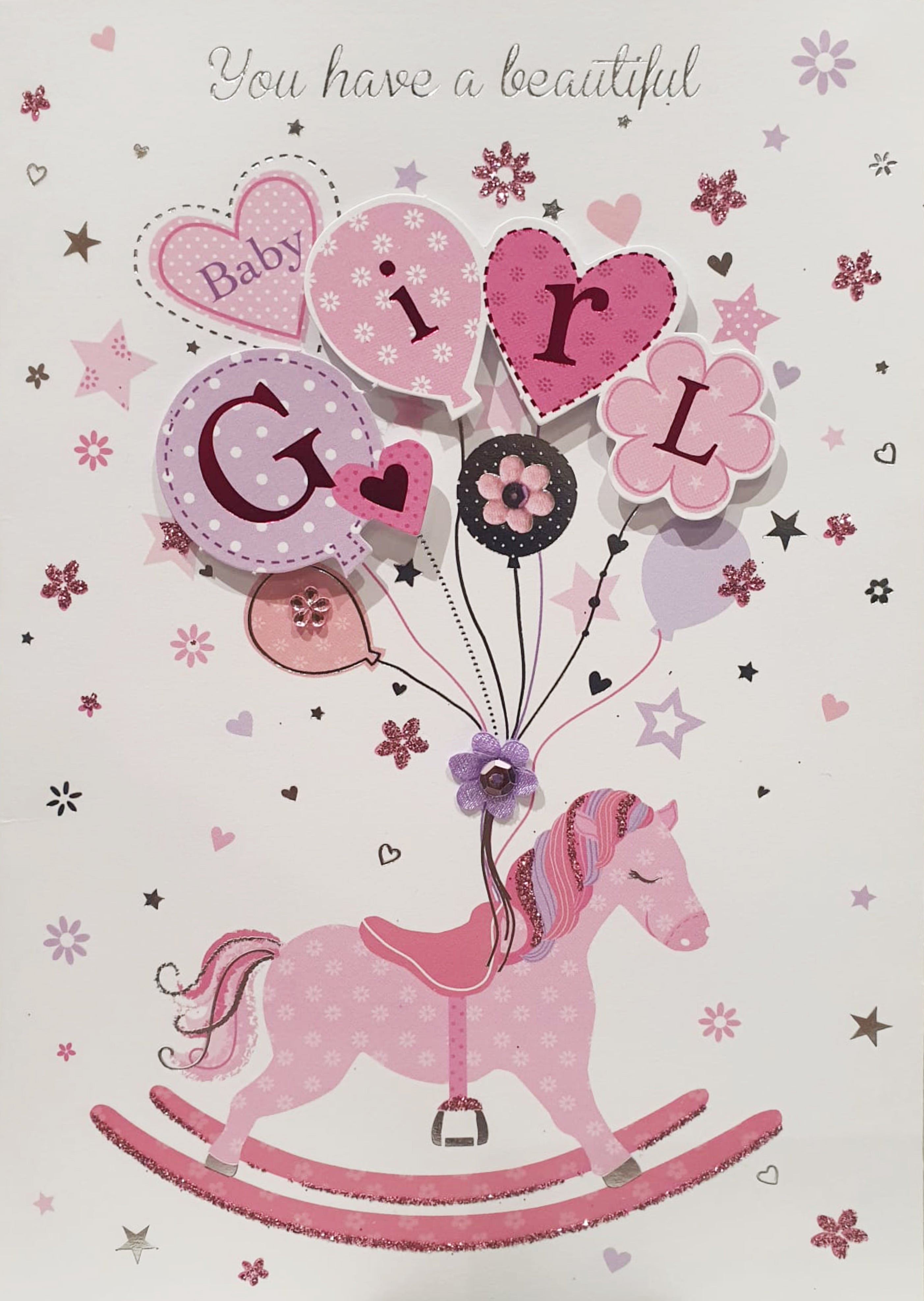 New Baby Girl Card - Rocking Horse With Balloons
