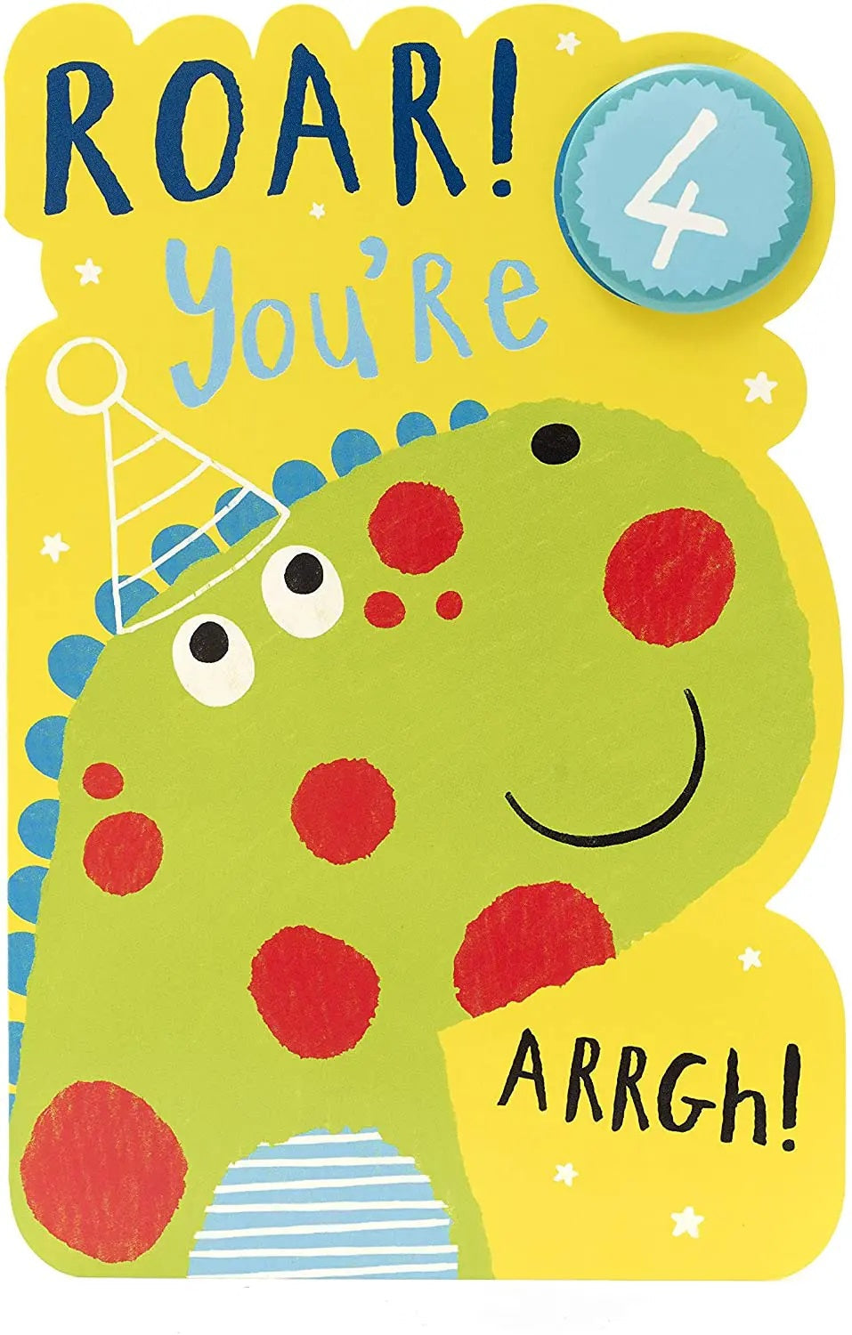 4th Birthday Card - Green Spotty Dinosaur - Badge Included
