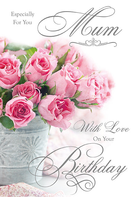 Mum's Birthday Card - Pink Roses In A Galvanised Pot