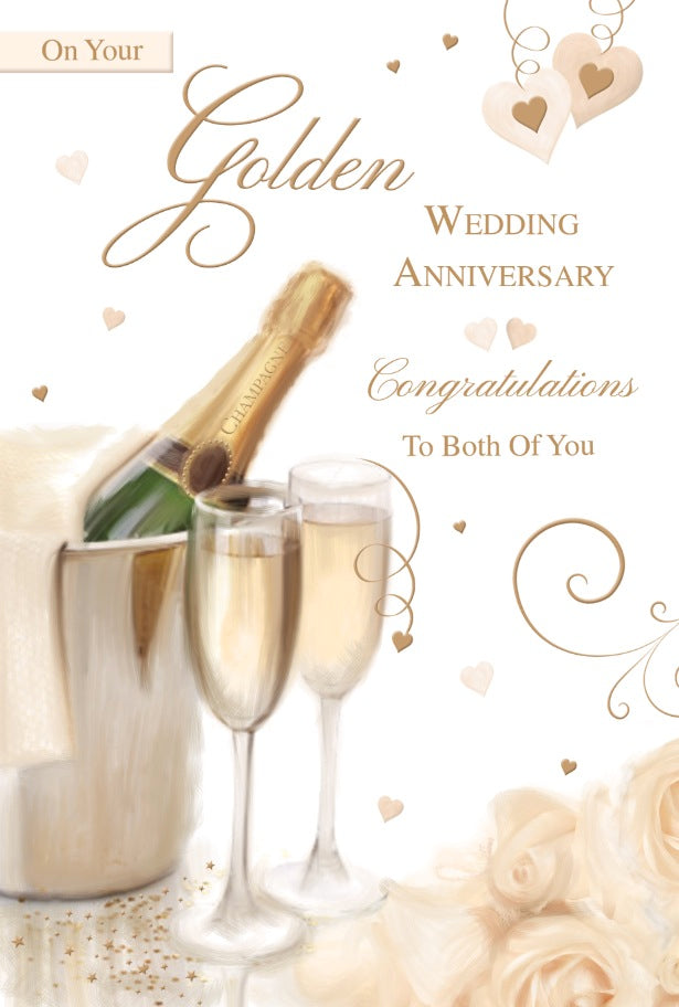 50th Wedding Anniversary Card - Champagne And Flowers