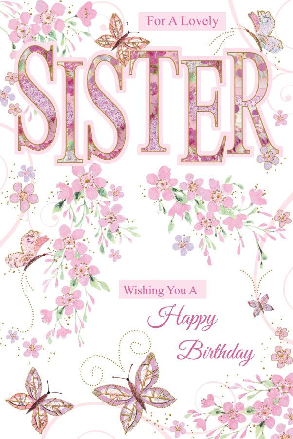 Sister Birthday Card - Butterflies Bush Pink Delight