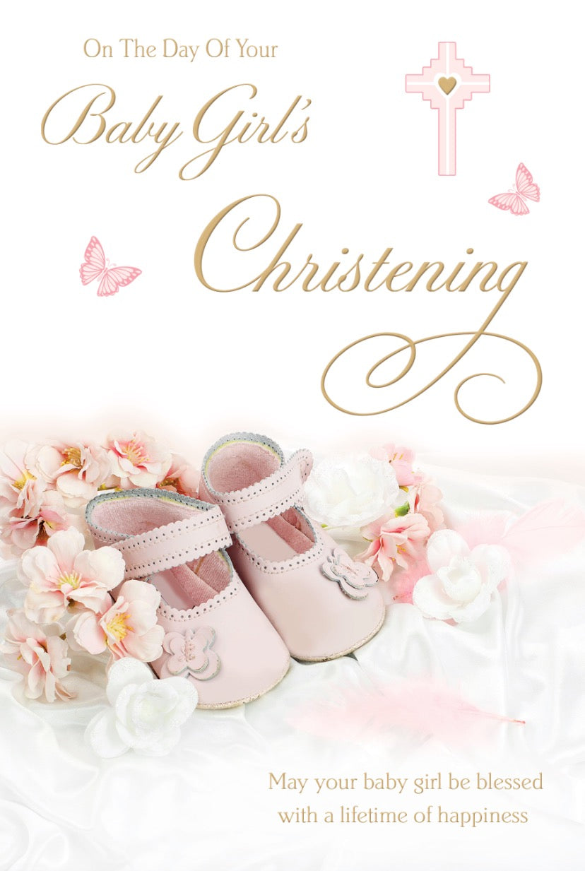 Girl's Christening Card - Elegant Pink Booties