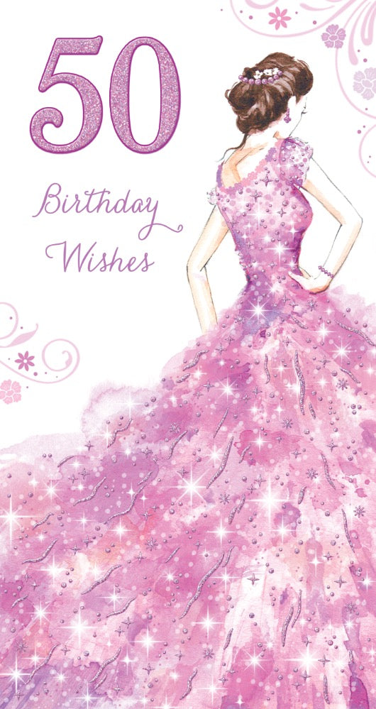 50th Birthday Card - Lovely Lady In Pink Elegant Gown