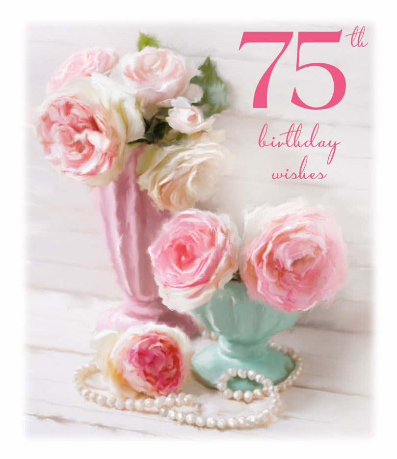 75th Birthday Card - Pearls And Roses