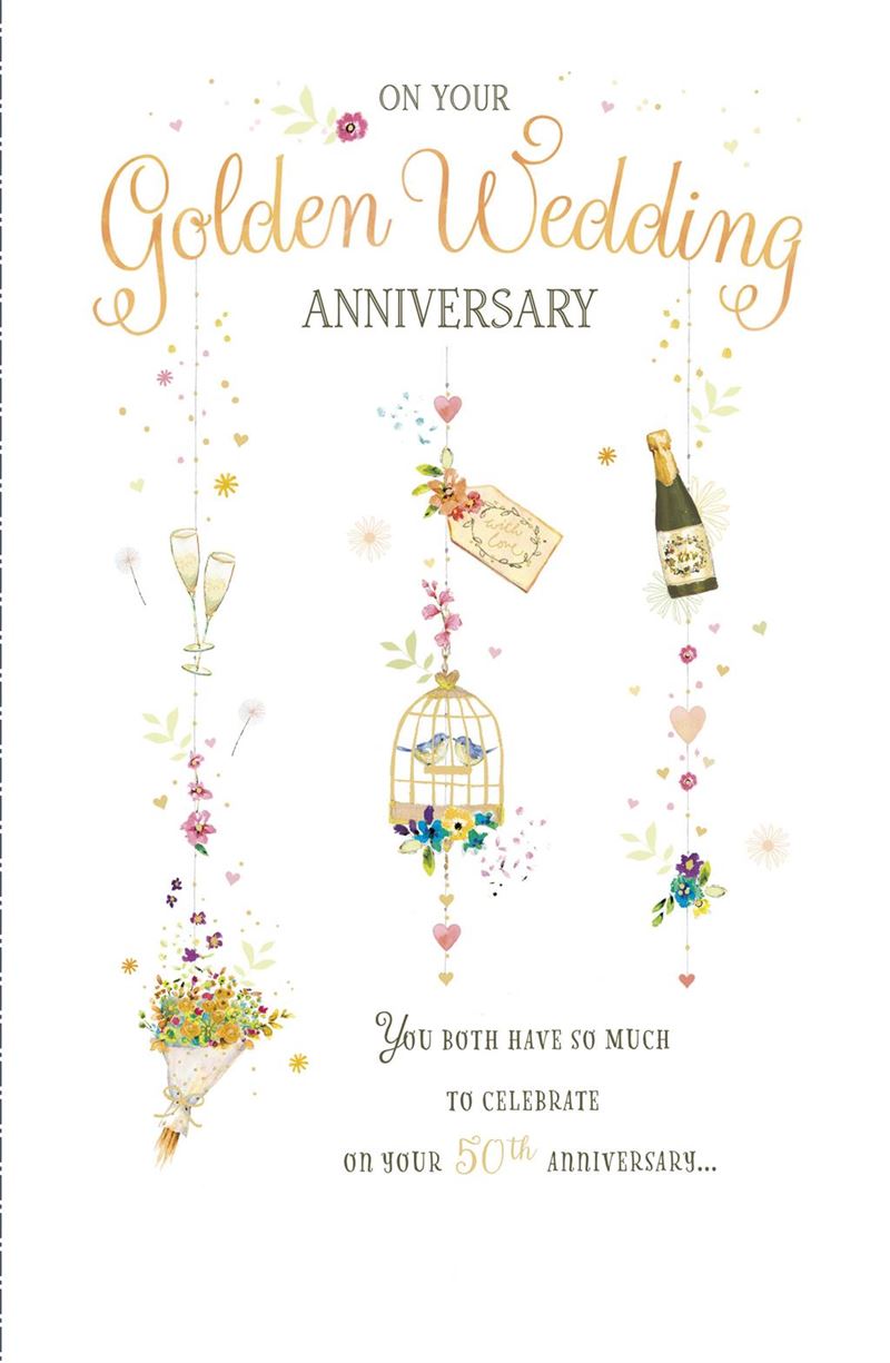 50th Wedding Anniversary Card -  Champagne, Gifts, And Flowers 