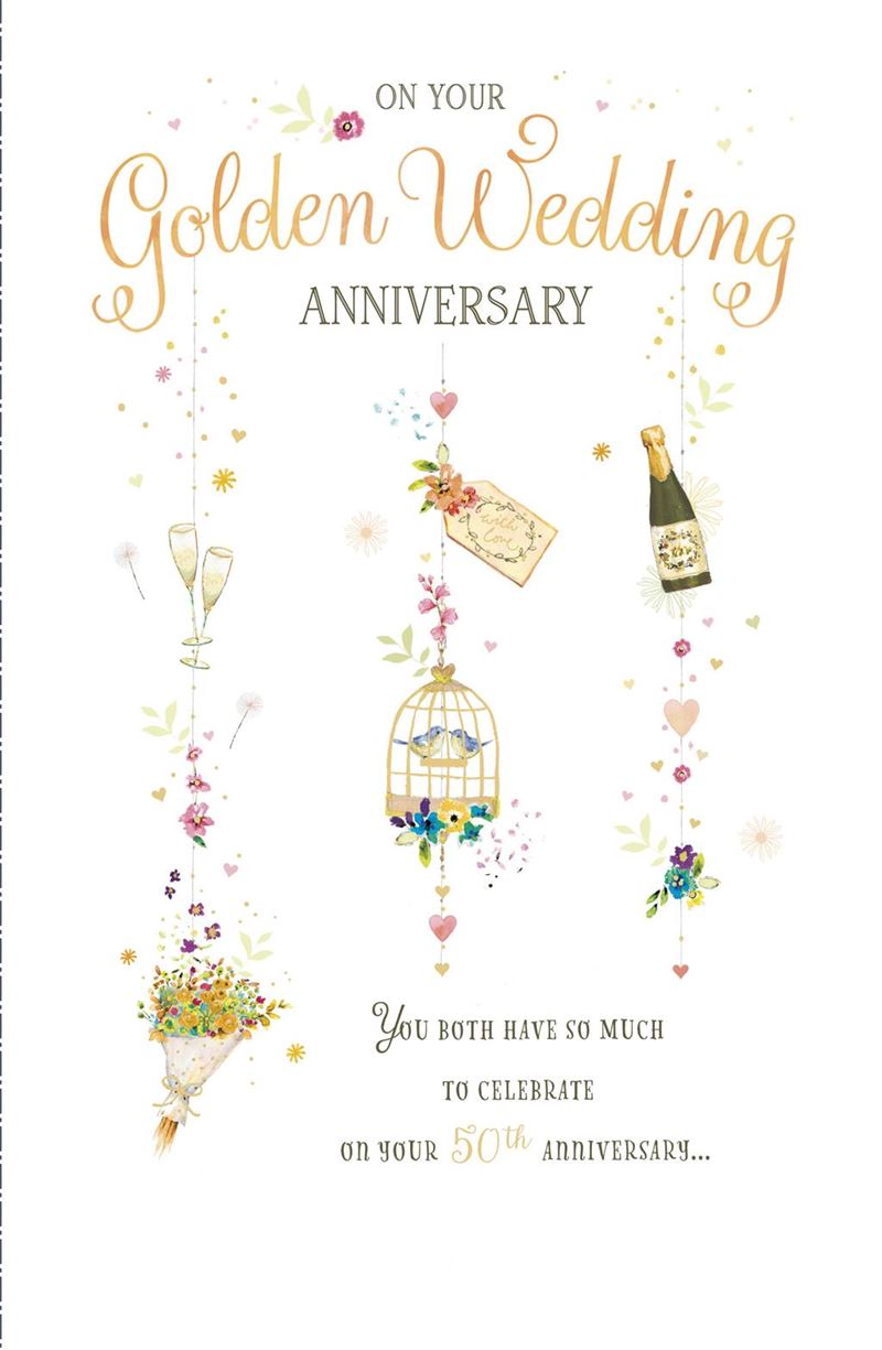 50th Wedding Anniversary Card - Champagne, Gifts, And Flowers