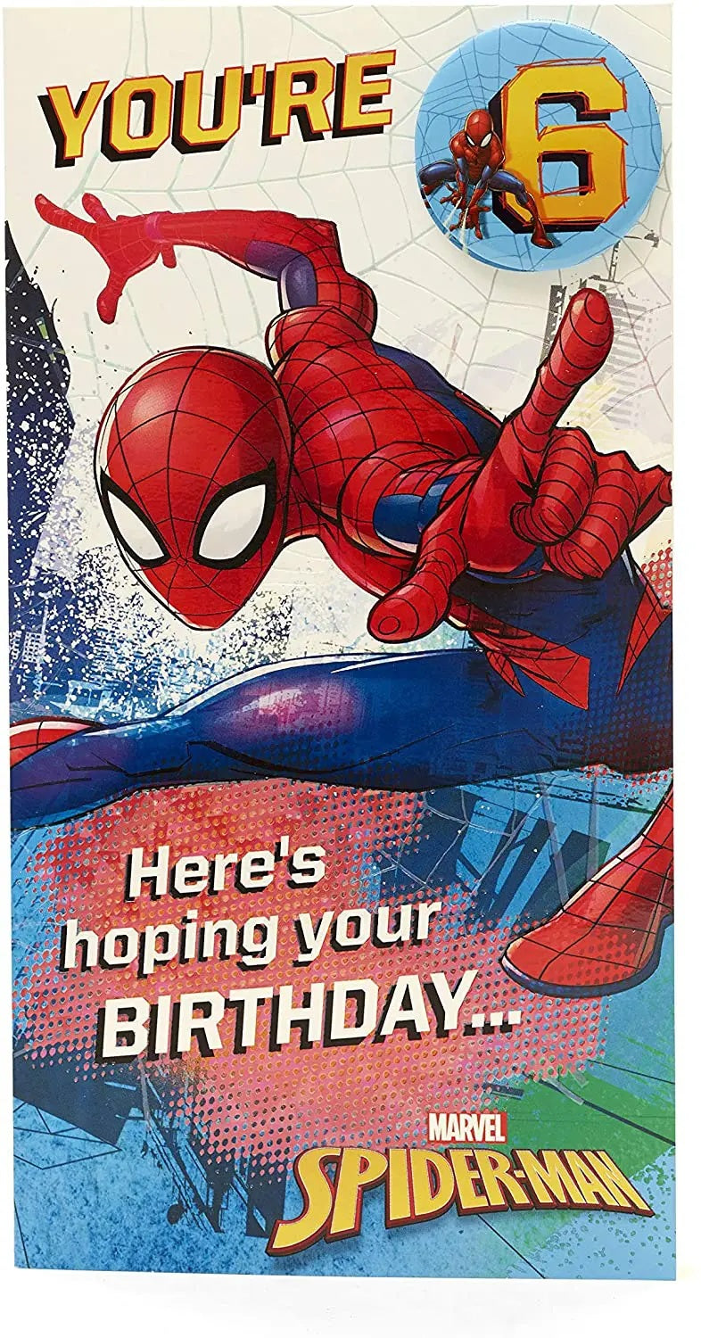 6th Birthday Card - Spider-Man In Action - Badge Included - Colouring Activity Inside