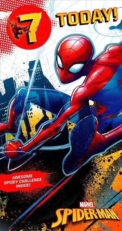 Male 7th Birthday Card - Spiderman In Action - Badge Included - Activity Inside