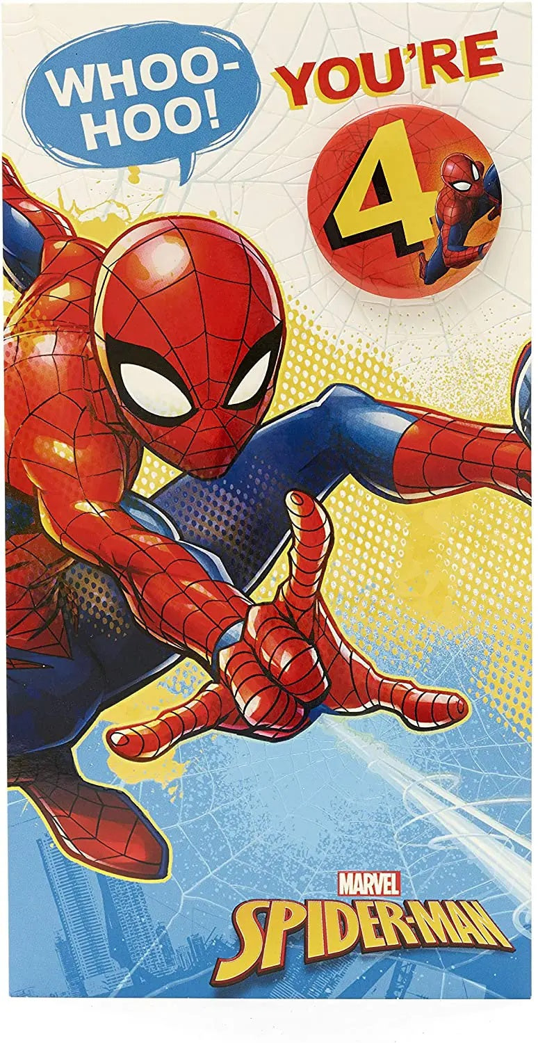 4th Birthday Card - Spiderman In Action - Badge Included - Colouring Activity Inside