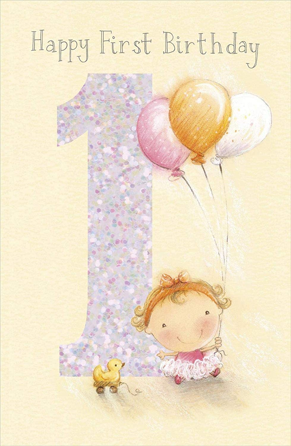 1st Birthday Card - Baby Girl With Balloons