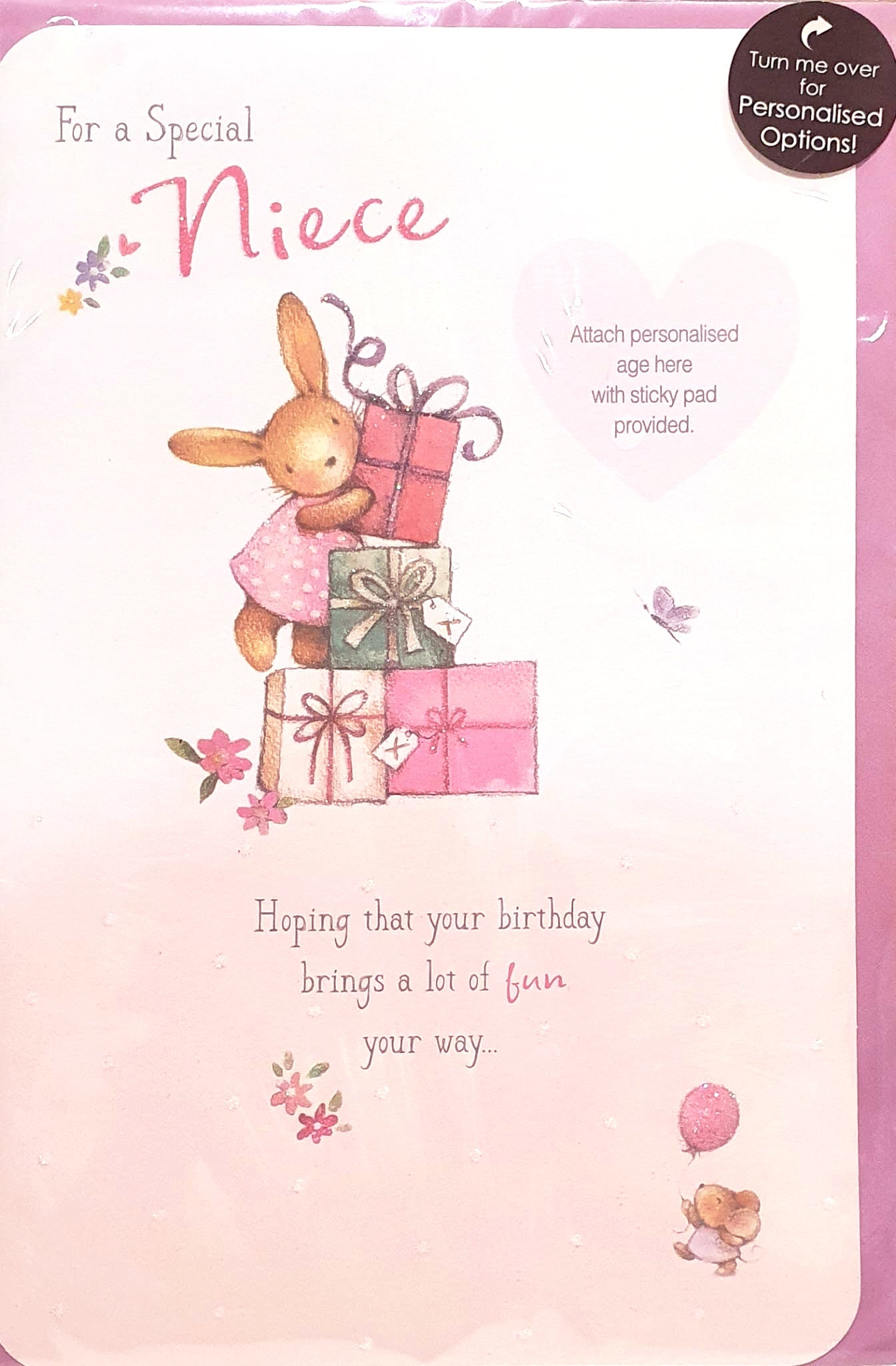 Niece Birthday Card - Bunny Stacking Presents - Personalised Options Upto Age 3