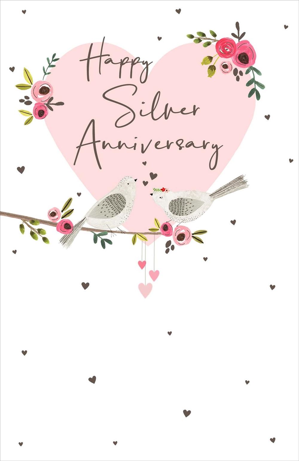 25th Wedding Anniversary Card - Silver Doves With Silver Hearts