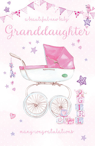 Birth Of Your Granddaughter Card - Baby Goodies With A Blue Pram