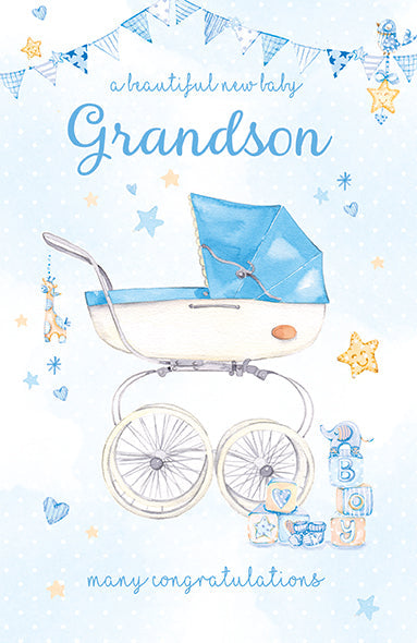 Birth of Your Grandson Card - Baby Goodies With A Blue Pram