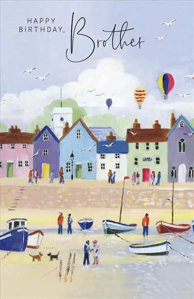 Brother Birthday Card - Colourful Town With Boats