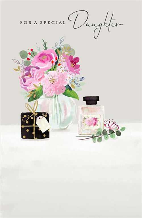 Daughter Birthday Card - Bouquet, Perfume And Present