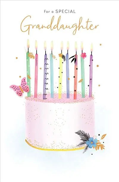Granddaughter Birthday Card - Colourful Cake Candles