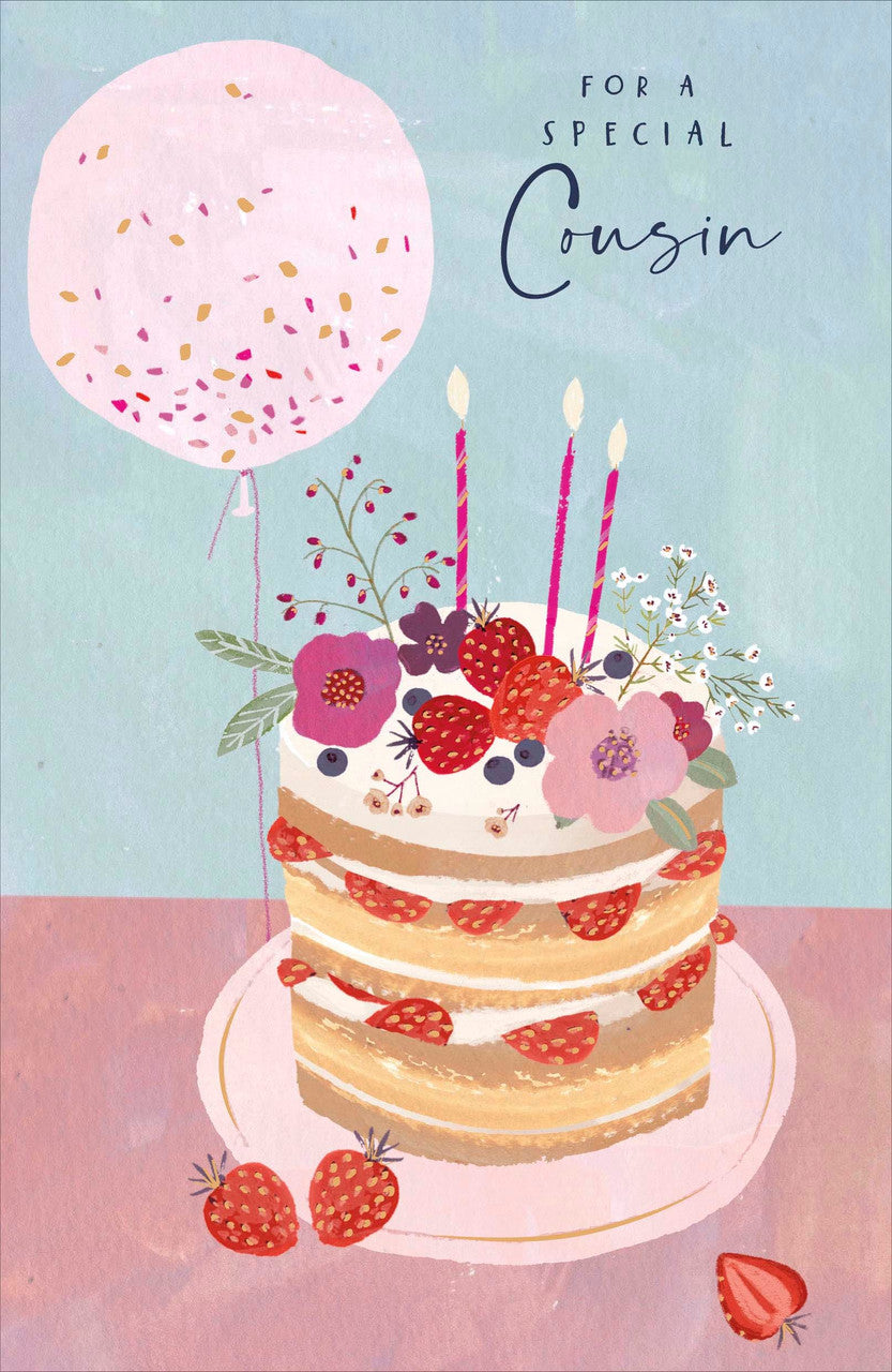 Cousin Birthday Card - Strawberry Cake And Balloon