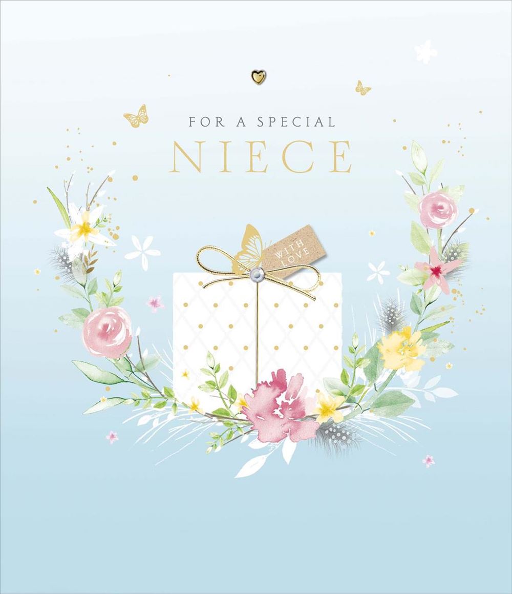 Niece Birthday Card - Present On A Floral Wreath