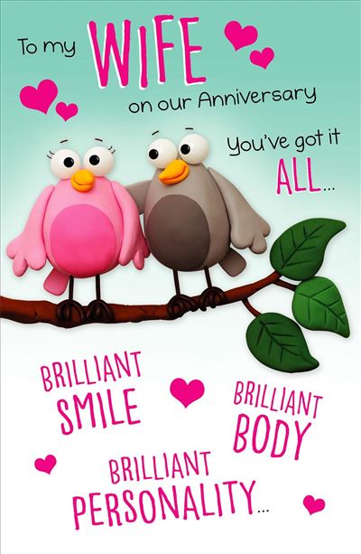 Wife Anniversary Card - Two "Brilliant" Lovebirds on a Branch 
