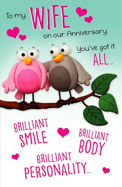 Wife Anniversary Card - Two "Brilliant" Lovebirds on a Branch
