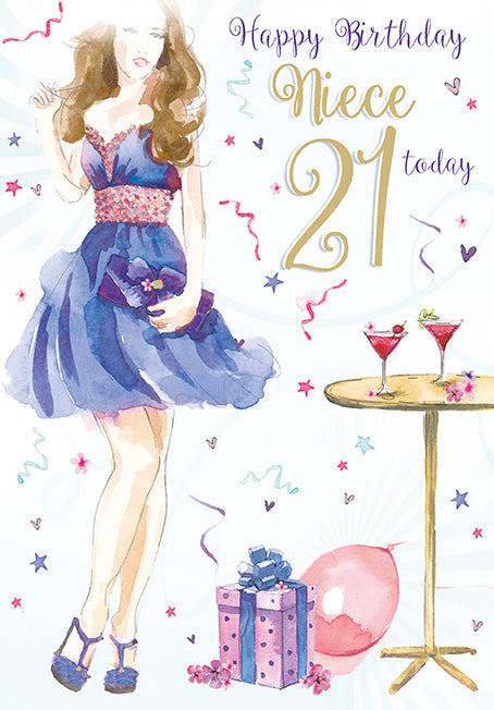 21st Niece Birthday Card - Pretty Frills Curls And Cocktails