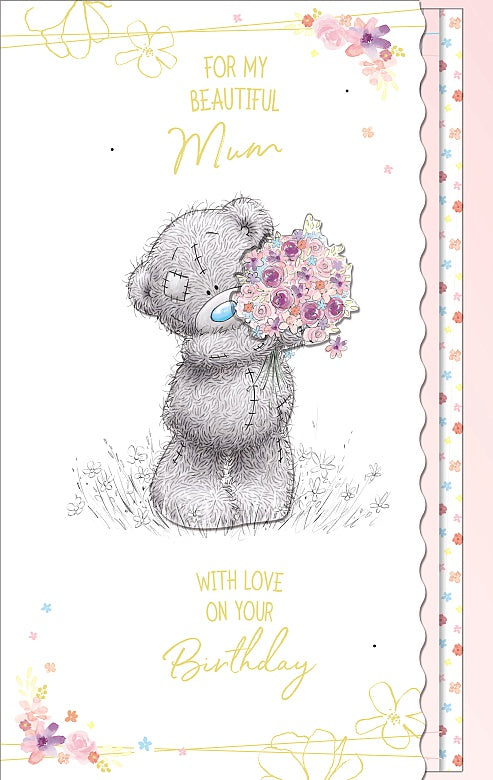 Mum Birthday Card - Tatty Ted A Holding Bouquet Of Flowers Just For Mum