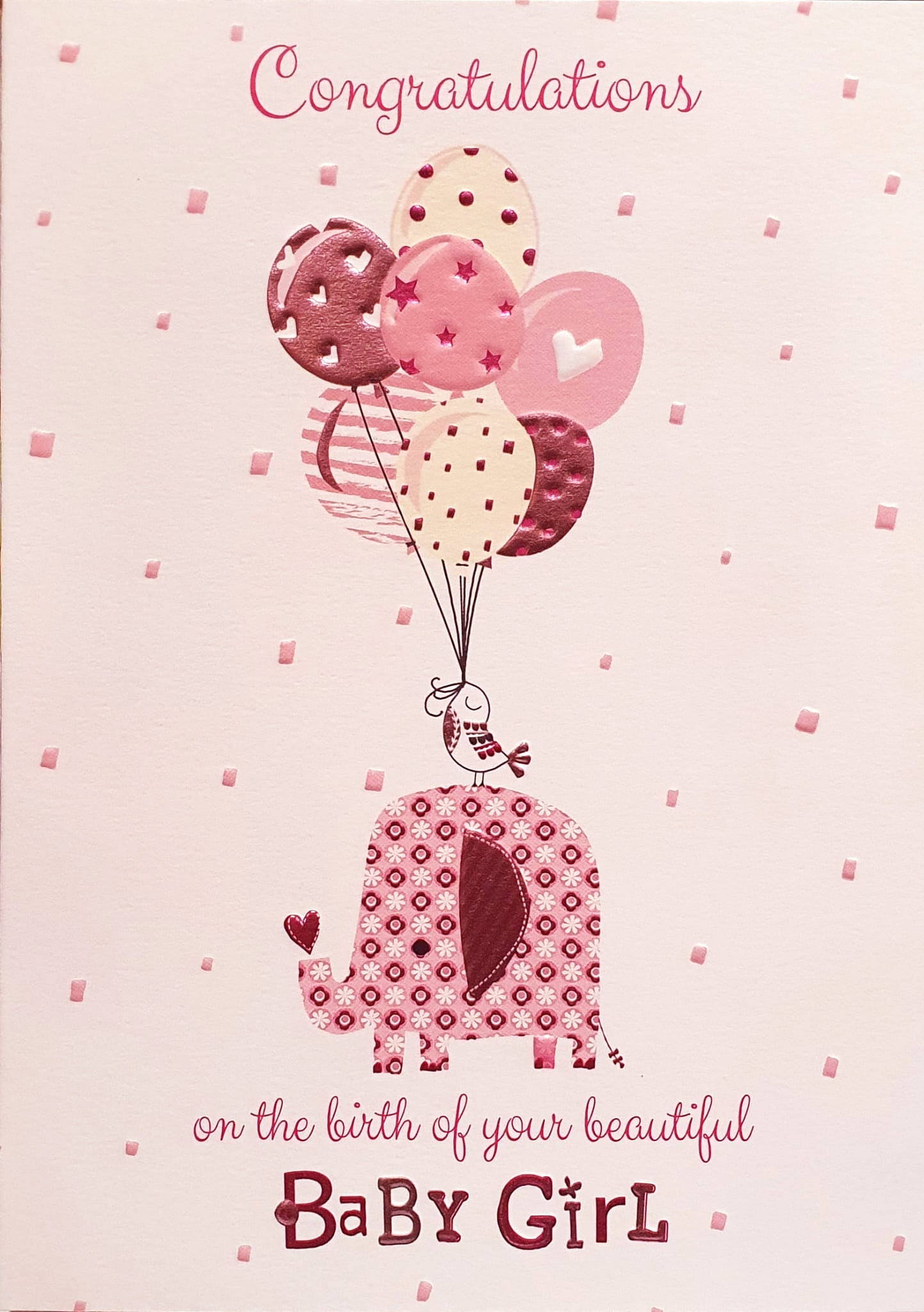 New Baby Girl Card - Pink Elephant With Balloons