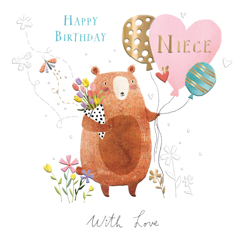 Niece Birthday Card - Beary Wishes With Tulips