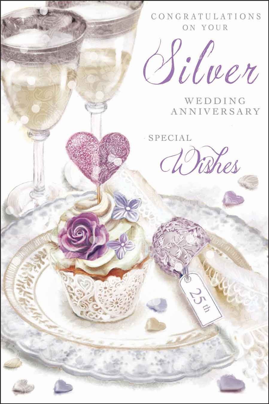 25th Wedding Anniversary Card - Champagne, Cake Knife, And Platter