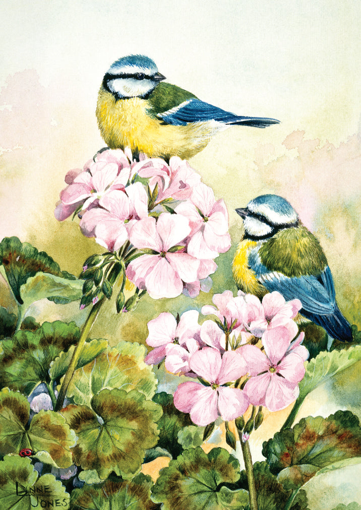 Birthday Card - Blue Tits On Flowers