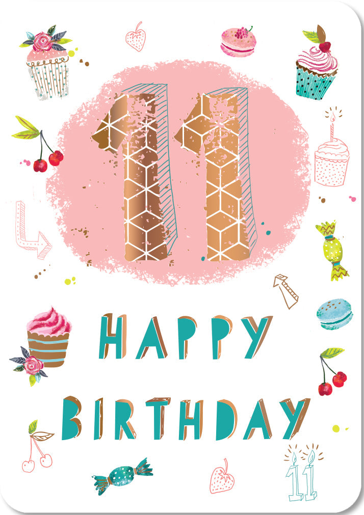 11th Birthday Card - Stand Out Metallic Gold Symmetrical Eleven