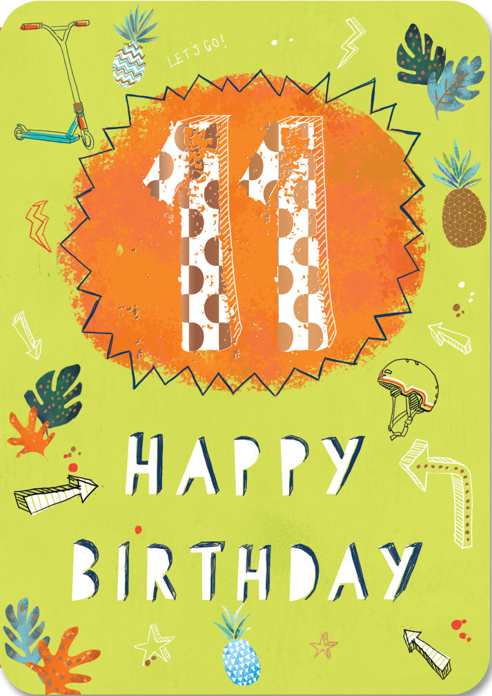 11th Birthday Card - Stand Out Semi-Circled Metallic Gold Eleven