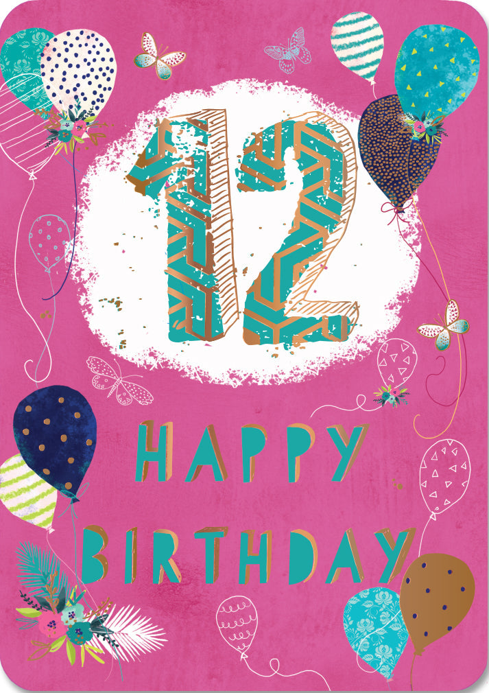 12th Birthday Card - Balloons and Partying